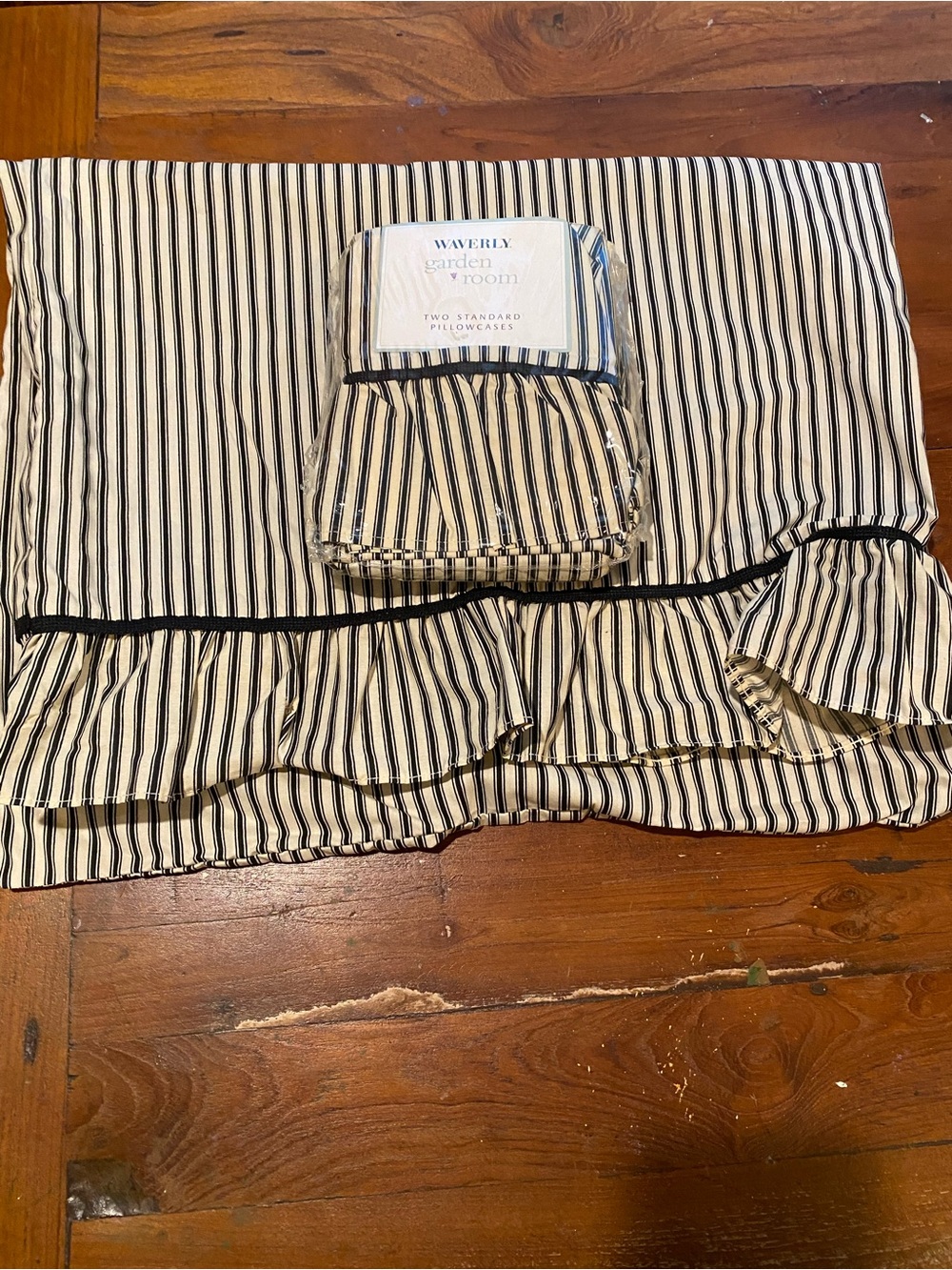 Waverly Black and Cream Striped Ruffled Pillowcase Pair